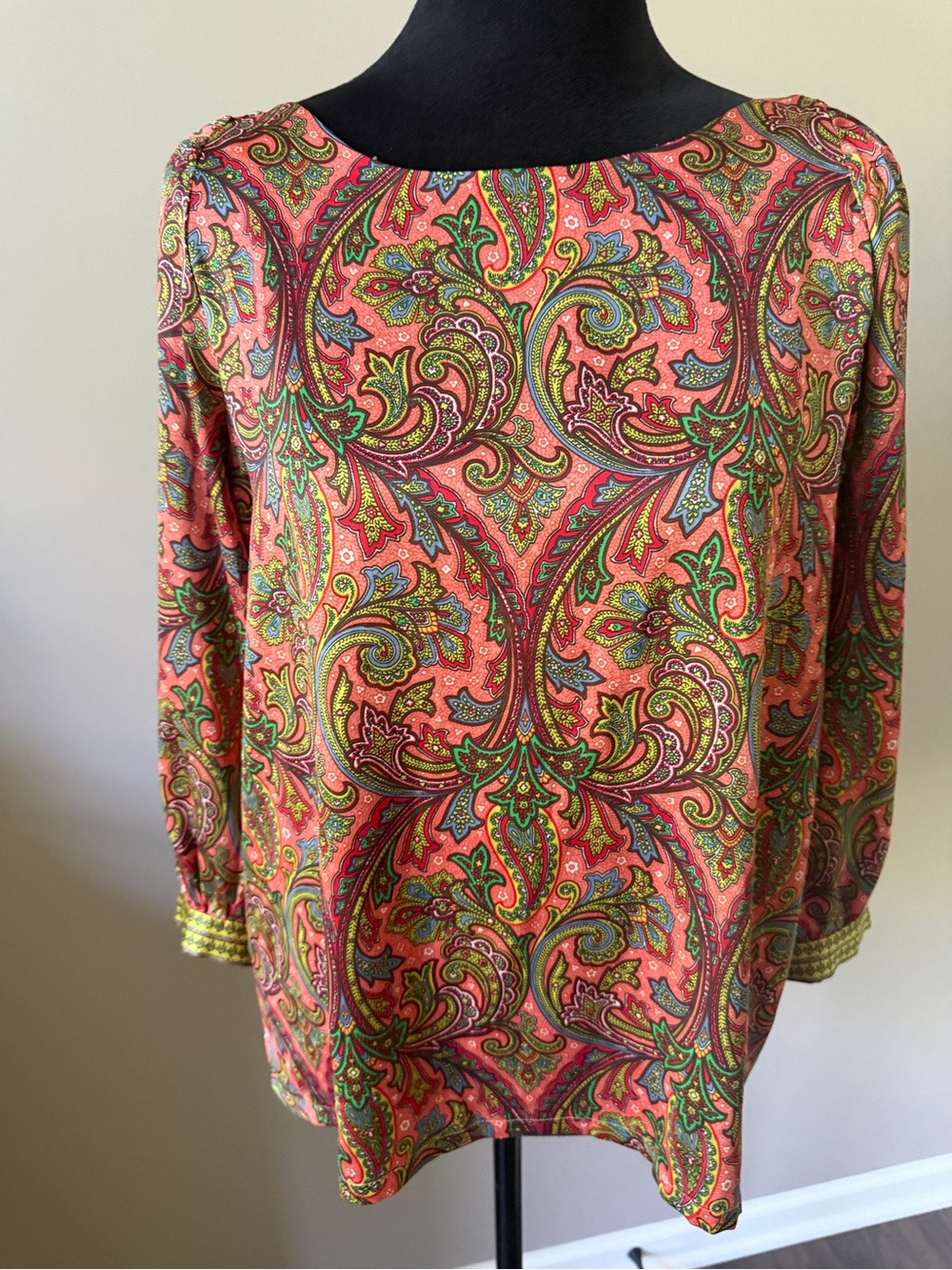 LOFT Coral Paisley 3/4 Sleeve Satiny Blouse Petite Medium
